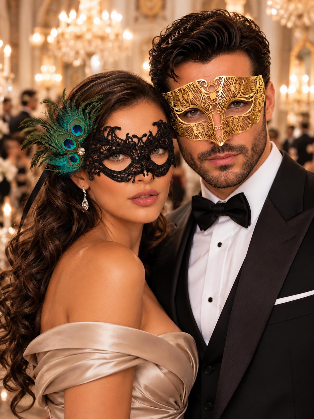 Gold Diamond Venetian Mask for Men & Black Peacock Lace Mask for Women | Dramatic His and Hers Masquerade Set