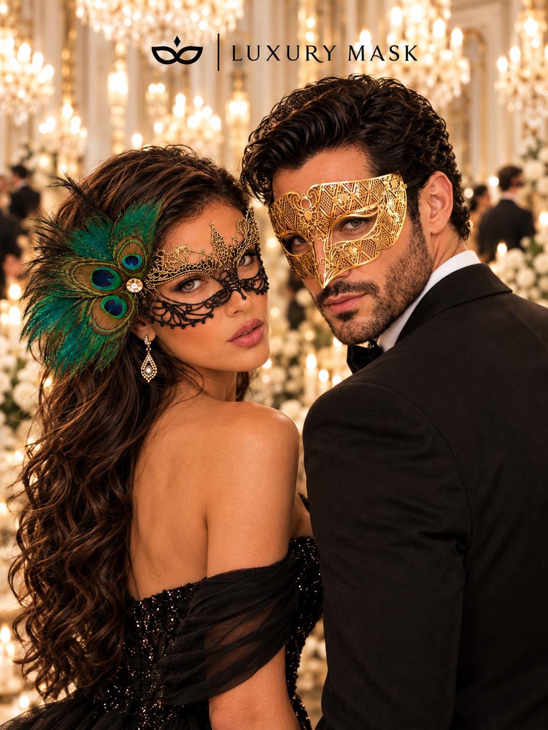 Gold Diamond Masquerade Mask for Men & Black Gold Peacock Lace Mask for Women | Venetian His and Hers Party Masks - product view 2