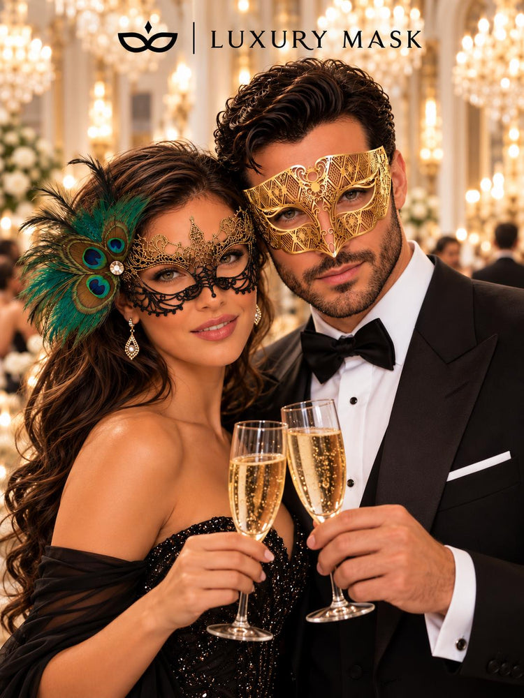 Gold Diamond Masquerade Mask for Men & Black Gold Peacock Lace Mask for Women | Venetian His and Hers Party Masks - product view 3
