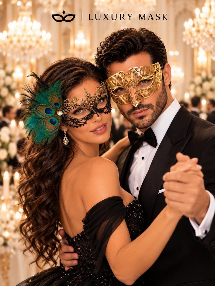 Gold Diamond Masquerade Mask for Men & Black Gold Peacock Lace Mask for Women | Venetian His and Hers Party Masks - product view 4