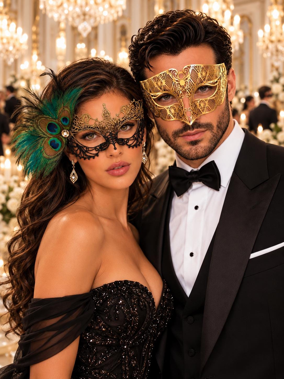 Gold Diamond Masquerade Mask for Men & Black Gold Peacock Lace Mask for Women | Venetian His and Hers Party Masks