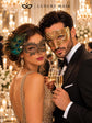 Gold Diamond Laser Cut Mask for Men & Black Gold Peacock Feather Lace Mask for Women - Venetian Couples Masquerade Set - product photo