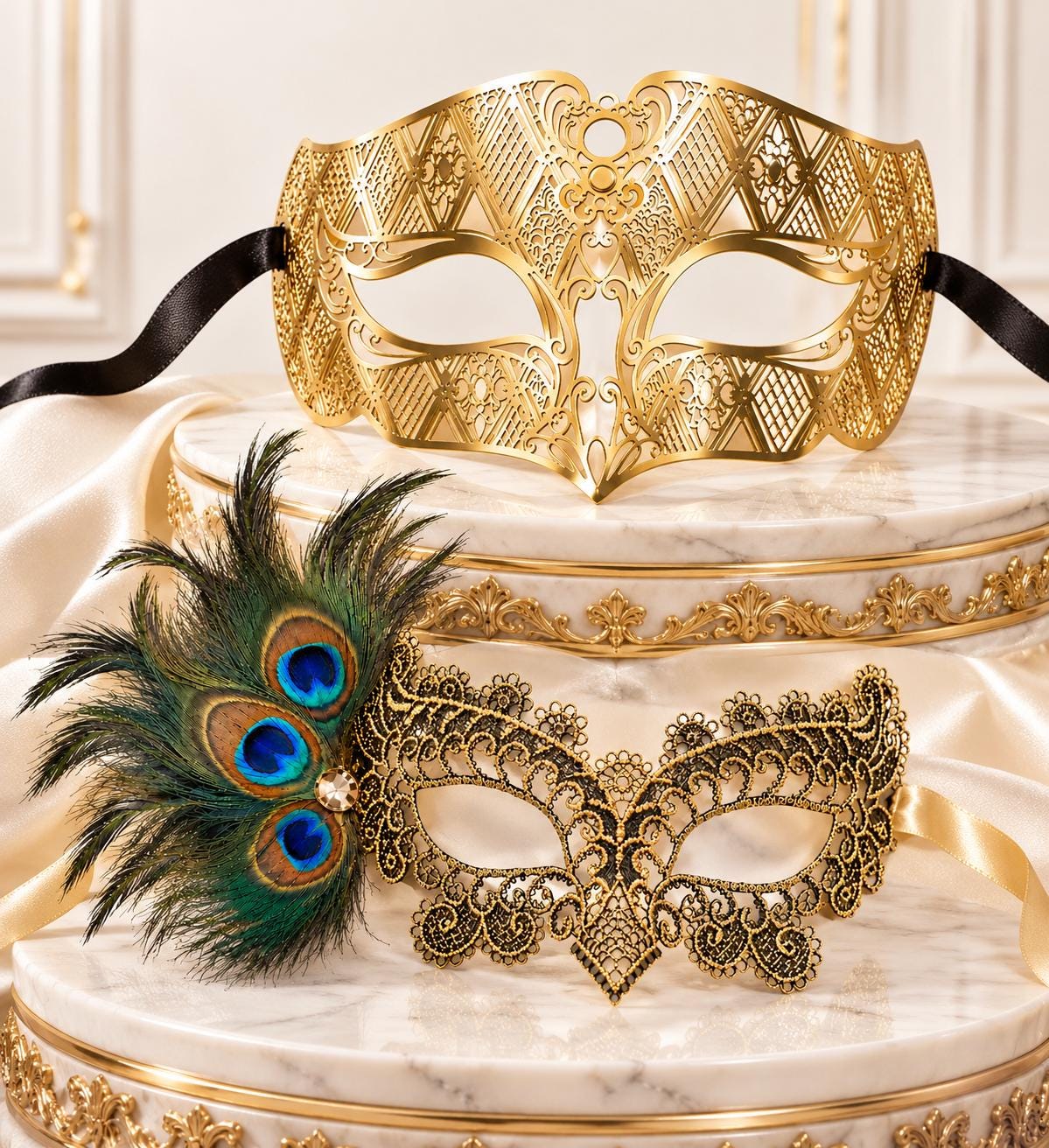 Gold Diamond Laser Cut Mask for Men & Black Gold Peacock Feather Lace Mask for Women - Venetian Couples Masquerade Set - product photo