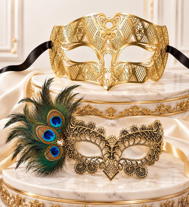 Gold Diamond Laser Cut Mask for Men & Black Gold Peacock Feather Lace Mask for Women - Venetian Couples Masquerade Set - product photo