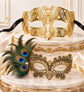 Gold Diamond Laser Cut Mask for Men & Black Gold Peacock Feather Lace Mask for Women - Venetian Couples Masquerade Set - product photo