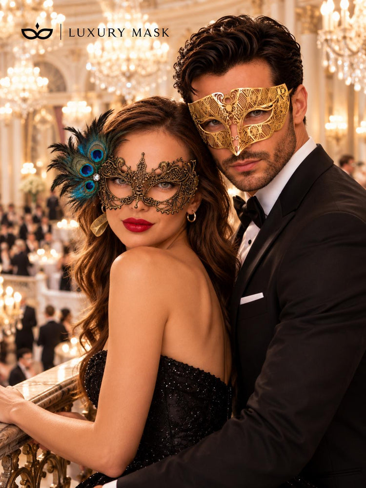 All Gold Masquerade Masks for Couples | Diamond Laser Cut Venetian Mask for Men & Peacock Feather Lace Mask for Women - product view 3