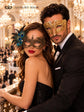 All Gold Masquerade Masks for Couples | Diamond Laser Cut Venetian Mask for Men & Peacock Feather Lace Mask for Women - product view 3