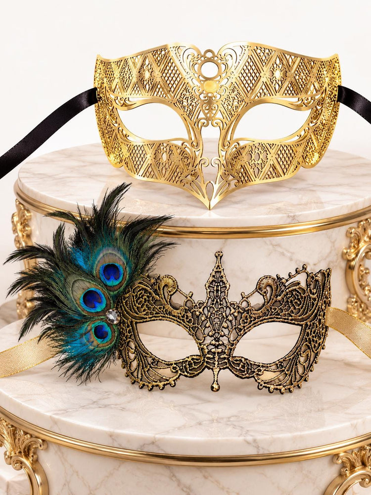 All Gold Masquerade Masks for Couples | Diamond Laser Cut Venetian Mask for Men & Peacock Feather Lace Mask for Women - product view 5