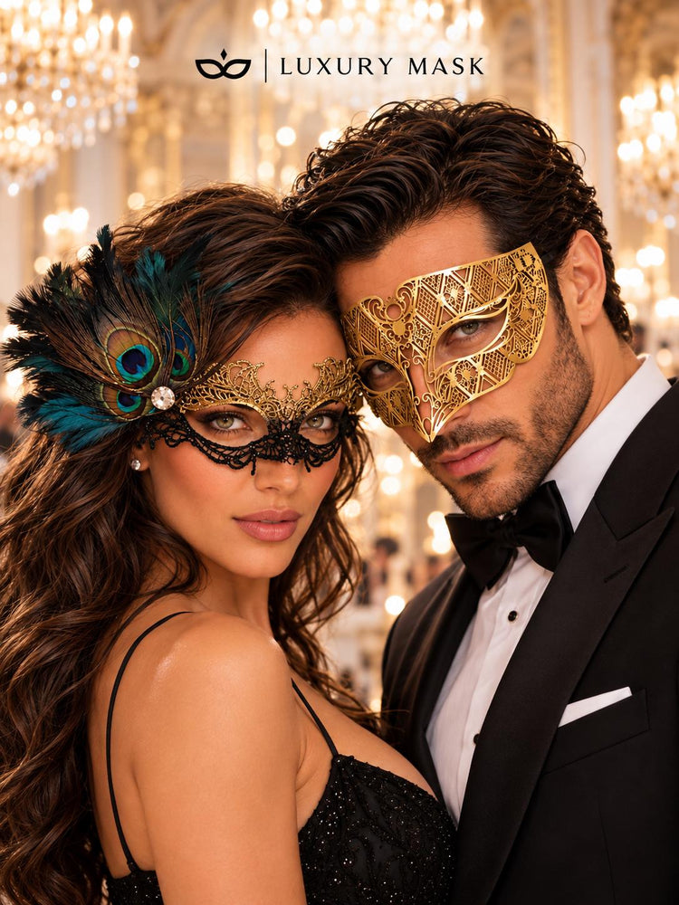 Gold Venetian Mask for Men with Black Gold Peacock Lace Mask for Women | Diamond Cut His & Hers Masquerade Masks - product view 4