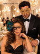 Black Gold Phantom Peacock Mask for Women & Gold Diamond Venetian Mask for Men | Feathered Lace Masquerade Couple Set - product view 3
