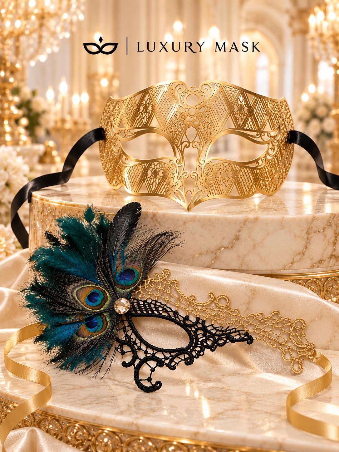 Black Gold Phantom Peacock Mask for Women & Gold Diamond Venetian Mask for Men | Feathered Lace Masquerade Couple Set - product view 6