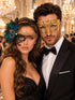 Black Gold Phantom Peacock Mask for Women & Gold Diamond Venetian Mask for Men | Feathered Lace Masquerade Couple Set