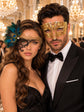Black Gold Phantom Peacock Mask for Women & Gold Diamond Venetian Mask for Men | Feathered Lace Masquerade Couple Set