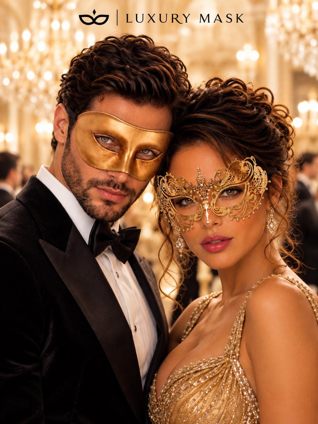 Gold Classic Venetian Mask for Men & Gold Rhinestone Metal Mask for Women | Half Face Masquerade Couple Set - image 2