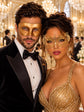 Gold Classic Venetian Mask for Men & Gold Rhinestone Metal Mask for Women | Half Face Masquerade Couple Set - main image