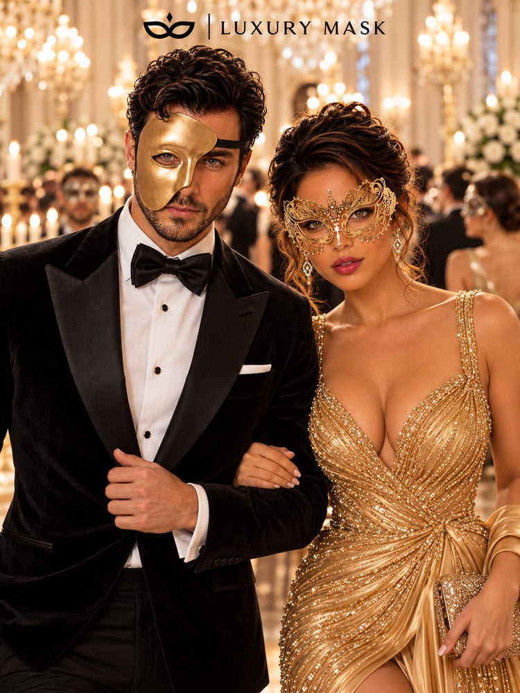 Gold One Eye Phantom Mask for Men & Gold Rhinestone Metal Mask for Women | Venetian Masquerade Couple Set - image 3