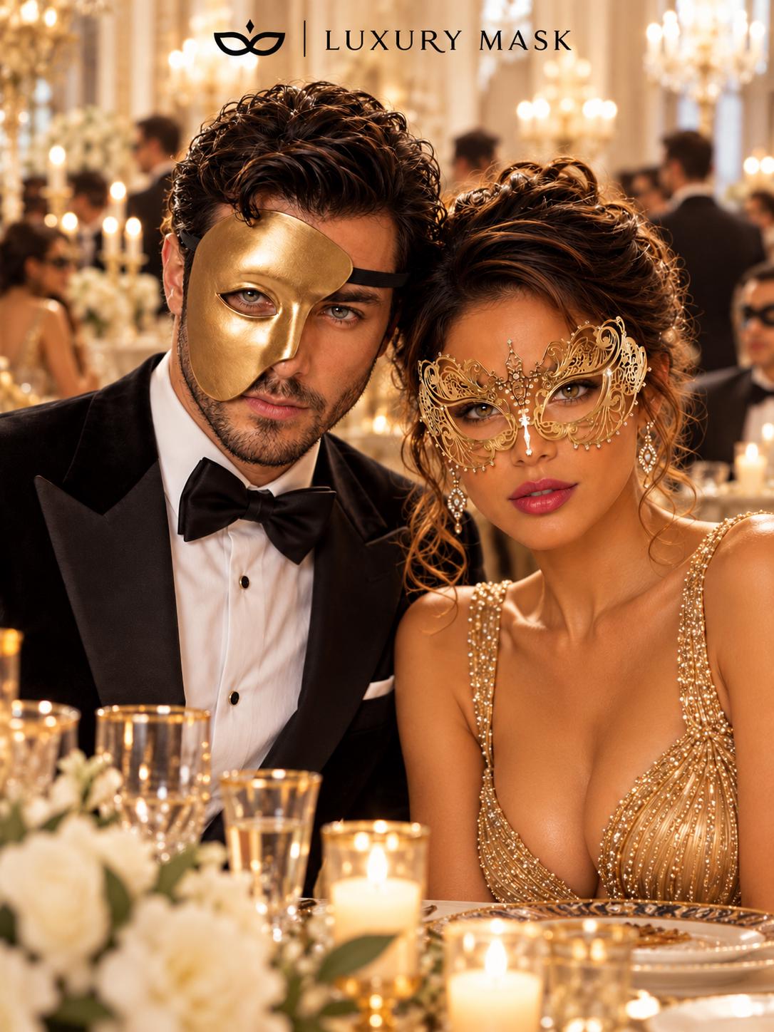 Gold One Eye Phantom Mask for Men & Gold Rhinestone Metal Mask for Women | Venetian Masquerade Couple Set - image 5