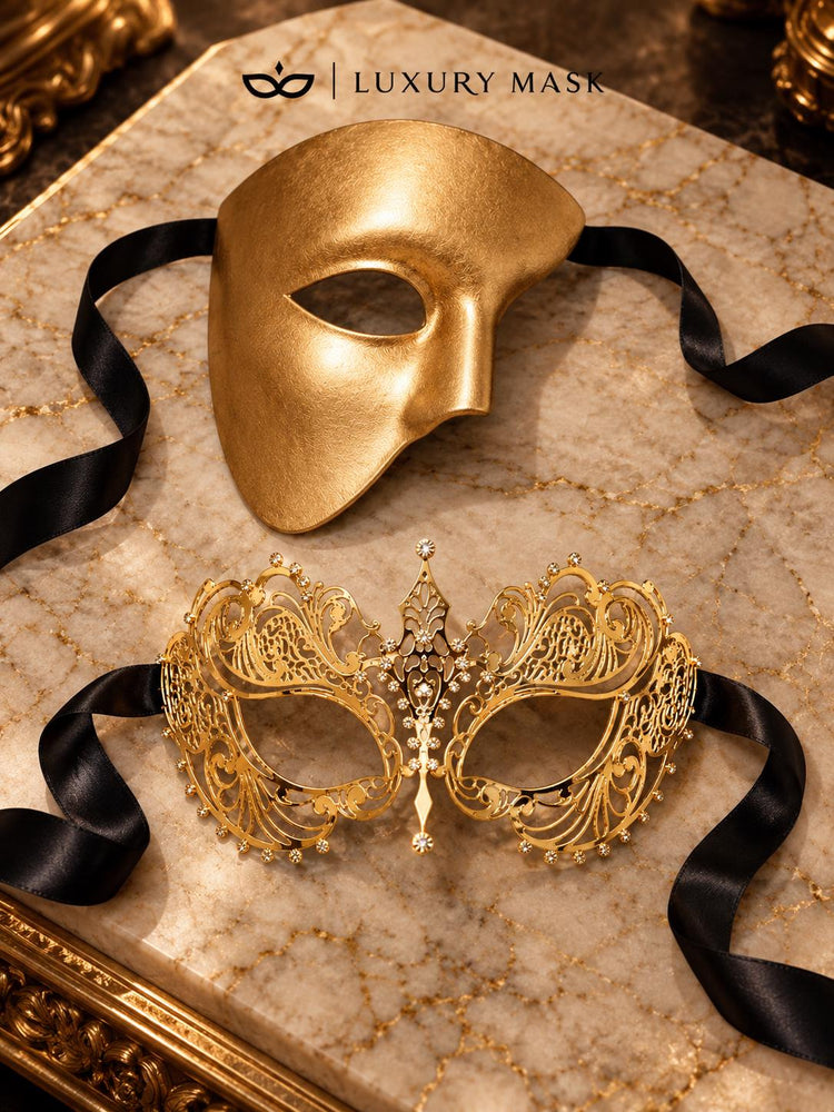 Gold One Eye Phantom Mask for Men & Gold Rhinestone Metal Mask for Women | Venetian Masquerade Couple Set - image 6