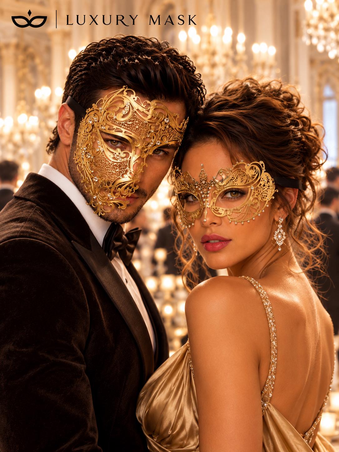 Gold Clear Stone Metal Mask for Men & Gold Rhinestone Laser Cut Mask for Women | Venetian Masquerade Couple Set - image 3