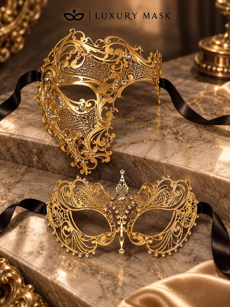 Gold Clear Stone Metal Mask for Men & Gold Rhinestone Laser Cut Mask for Women | Venetian Masquerade Couple Set - image 6