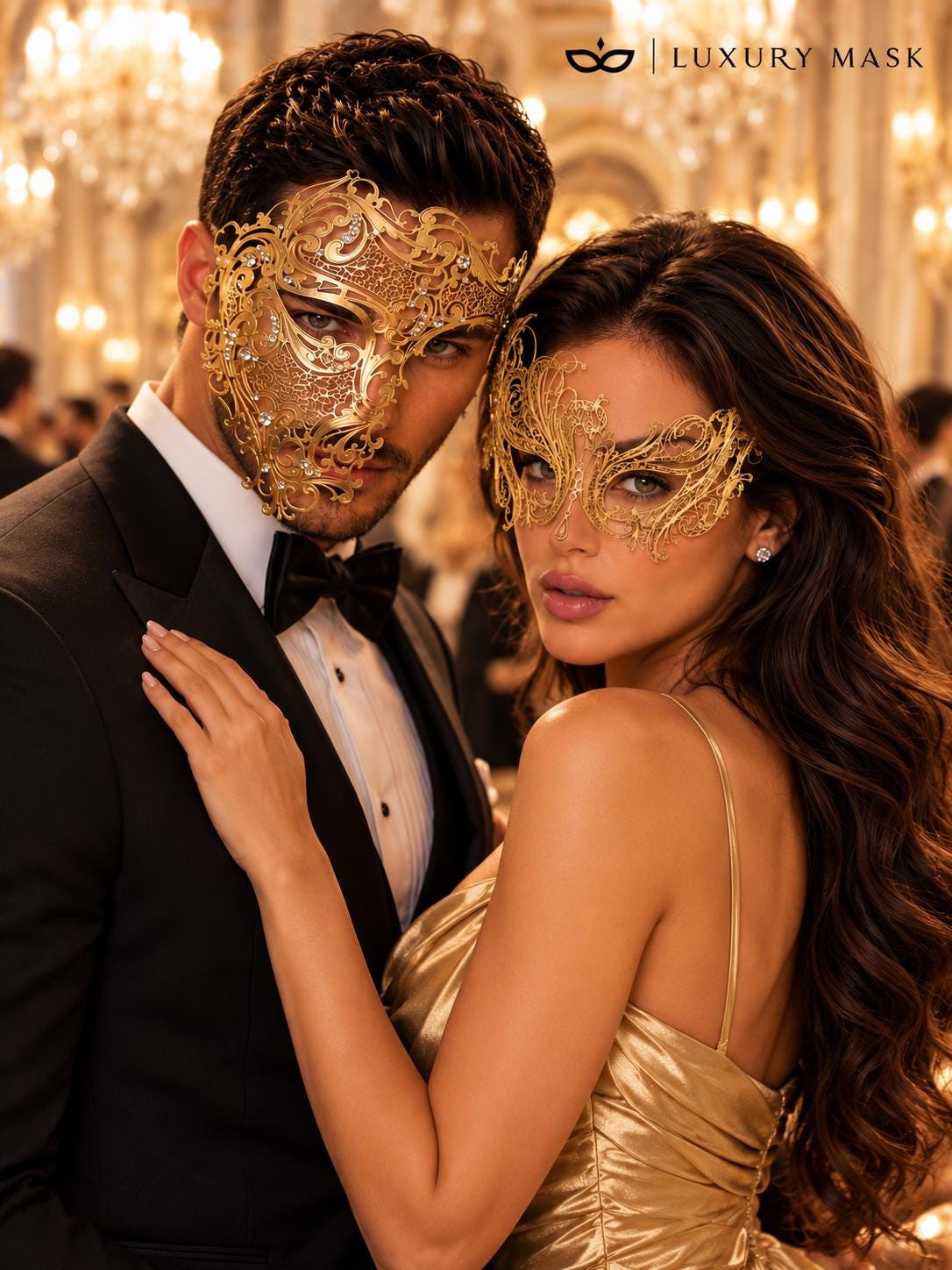 Gold Swan Metal Mask for Women & Gold Clear Stone Laser Cut Phantom Mask for Men | Venetian Masquerade Couple Set - image 2