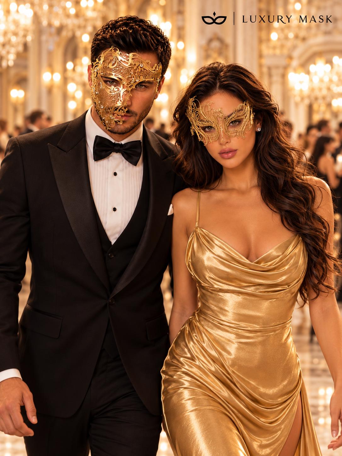 Gold Swan Metal Mask for Women & Gold Clear Stone Laser Cut Phantom Mask for Men | Venetian Masquerade Couple Set - image 5