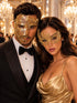 Gold Swan Metal Mask for Women & Gold Clear Stone Laser Cut Phantom Mask for Men | Venetian Masquerade Couple Set - main image