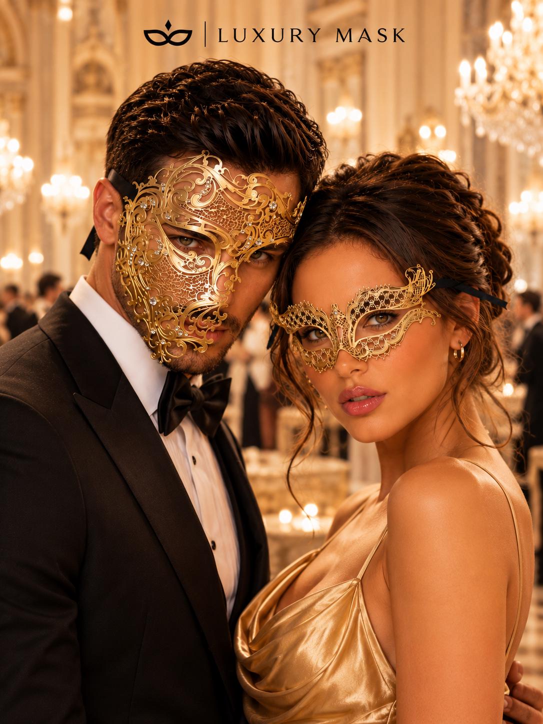 Gold Clear Stone Laser Cut Phantom Mask for Men & Gold Butterfly Rhinestone Metal Mask for Women | Venetian Masquerade Couple Set - image 3