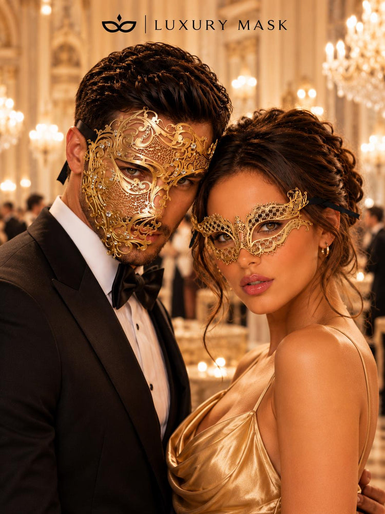 Gold Clear Stone Laser Cut Phantom Mask for Men & Gold Butterfly Rhinestone Metal Mask for Women | Venetian Masquerade Couple Set - image 3