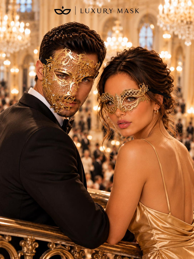 Gold Clear Stone Laser Cut Phantom Mask for Men & Gold Butterfly Rhinestone Metal Mask for Women | Venetian Masquerade Couple Set - image 5