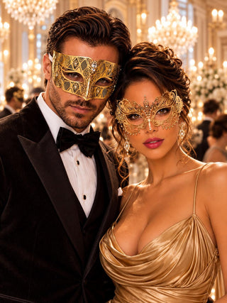Gold Diamond Design Clear Stone Mask for Men & Gold Rhinestone Laser Cut Metal Mask for Women | Venetian Masquerade Couple Set - main image