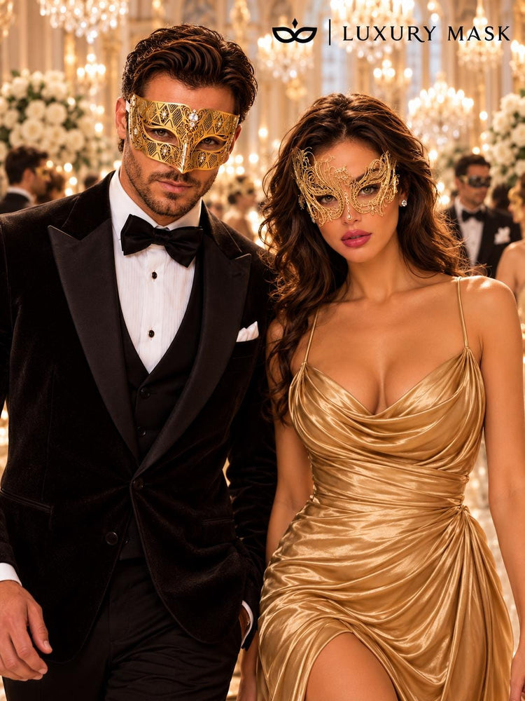 Gold Swan Metal Mask for Women & Gold Diamond Clear Stone Mask for Men | Venetian Masquerade Couple Mask Set - image 2