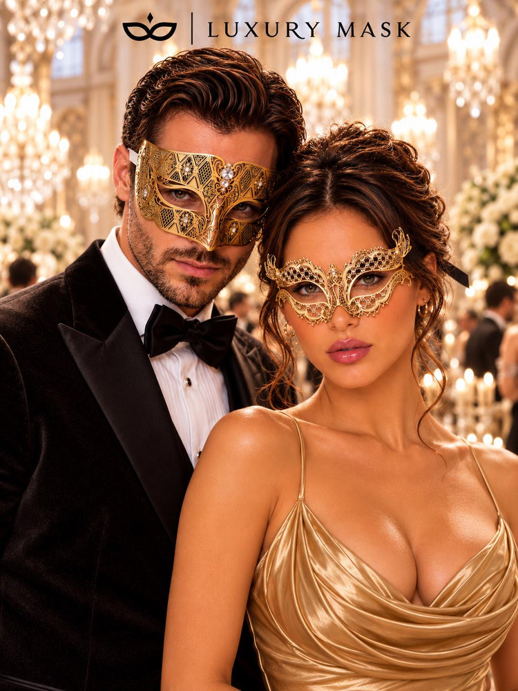 Gold Diamond Clear Stone Mask for Men & Gold Butterfly Rhinestone Metal Mask for Women | Venetian Masquerade Couple Set - image 5