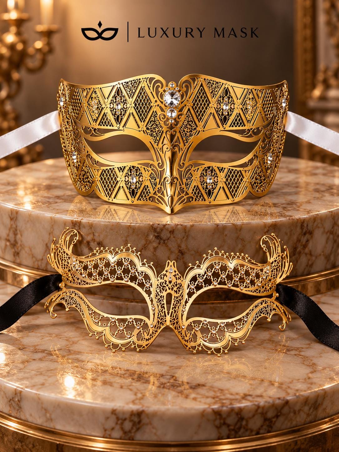 Gold Diamond Clear Stone Mask for Men & Gold Butterfly Rhinestone Metal Mask for Women | Venetian Masquerade Couple Set - image 6