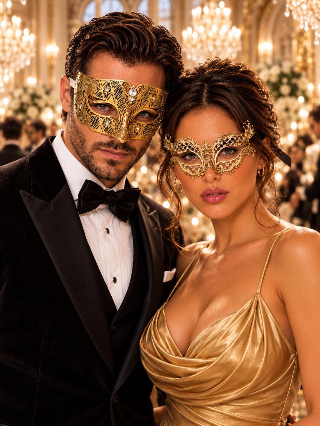 Gold Diamond Clear Stone Mask for Men & Gold Butterfly Rhinestone Metal Mask for Women | Venetian Masquerade Couple Set - main image