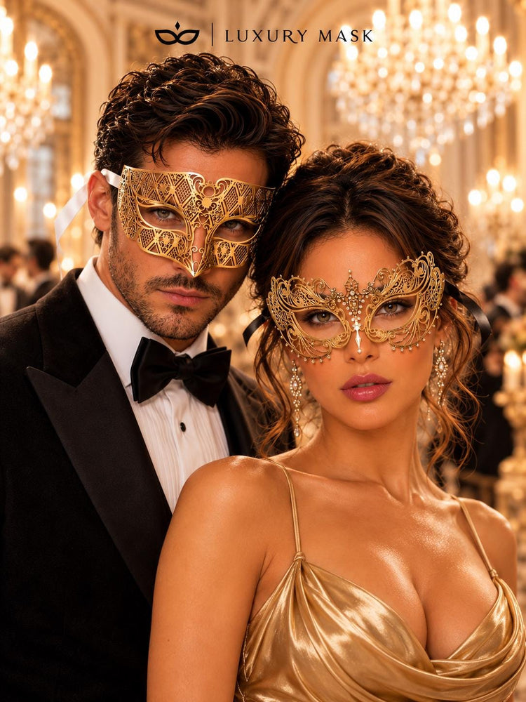 Gold Metal Masquerade Masks for Couples | Laser Cut Half Face Mask for Men & Clear Rhinestone Mask for Women - image 2