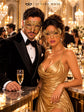 Gold Metal Masquerade Masks for Couples | Laser Cut Half Face Mask for Men & Clear Rhinestone Mask for Women - image 4