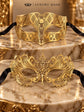 Gold Metal Masquerade Masks for Couples | Laser Cut Half Face Mask for Men & Clear Rhinestone Mask for Women - image 6