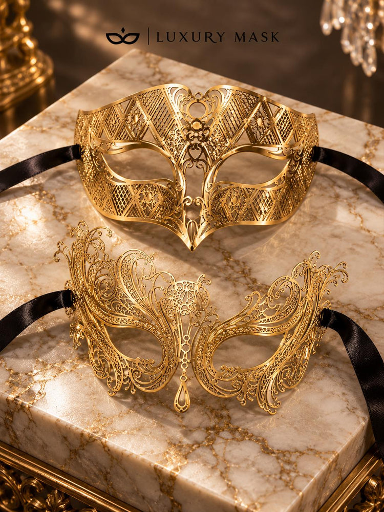 Gold Swan Metal Mask for Women & Gold Laser Cut Half Face Mask for Men | Venetian Masquerade Couple Set - image 6