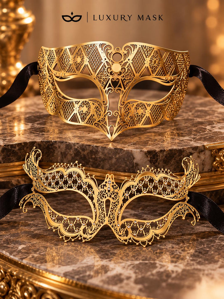 Gold Laser Cut Metal Mask for Men & Gold Butterfly Rhinestone Mask for Women | Matching Venetian Masquerade Couple Set - image 6