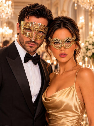 Gold Laser Cut Metal Mask for Men & Gold Butterfly Rhinestone Mask for Women | Matching Venetian Masquerade Couple Set - main image