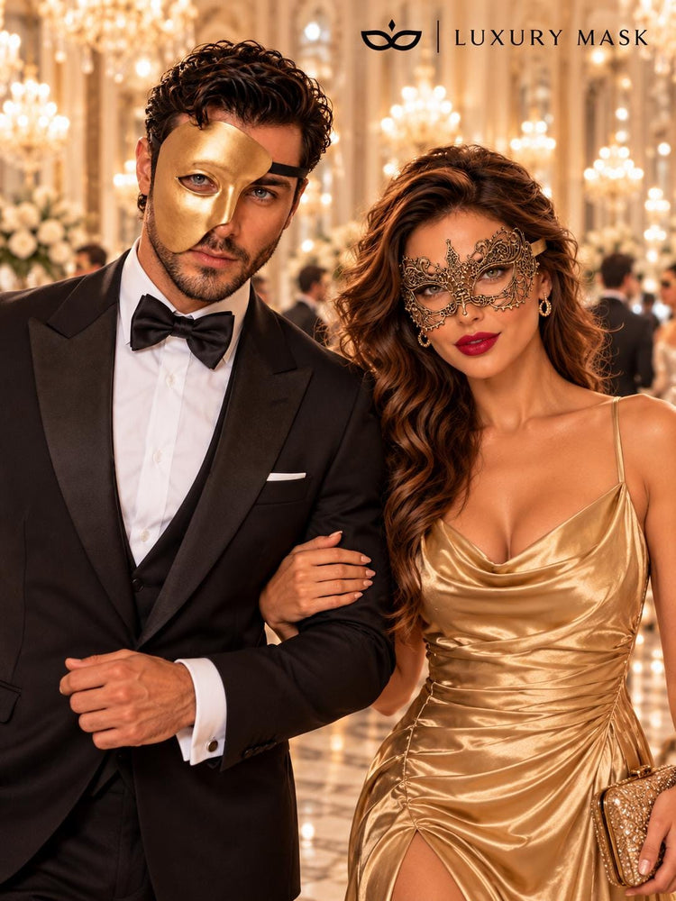 Gold One-Eye Phantom Mask for Men & Gold Lace Masquerade Mask for Women | Venetian His and Hers Couple Set - image 4