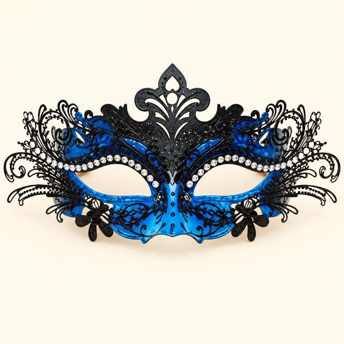 Blue and Black Masquerade Mask for Women with Clear Rhinestones and Detailed Cutout - product photo
