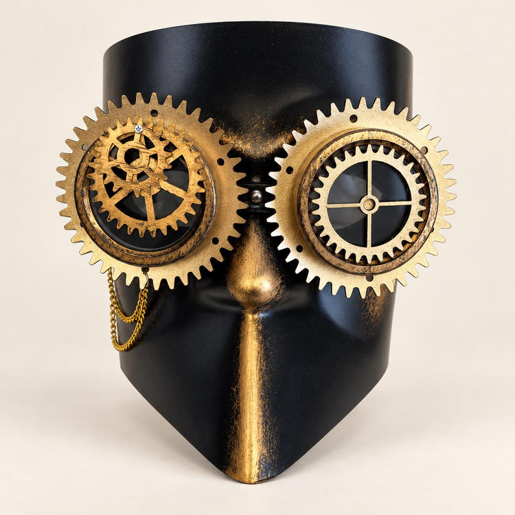 Gold and Black Steampunk Full Face Mask with Gear Goggles and Chain Detail - product photo
