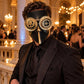 Gold and Black Steampunk Full Face Mask with Gear Goggles and Chain Detail - product photo