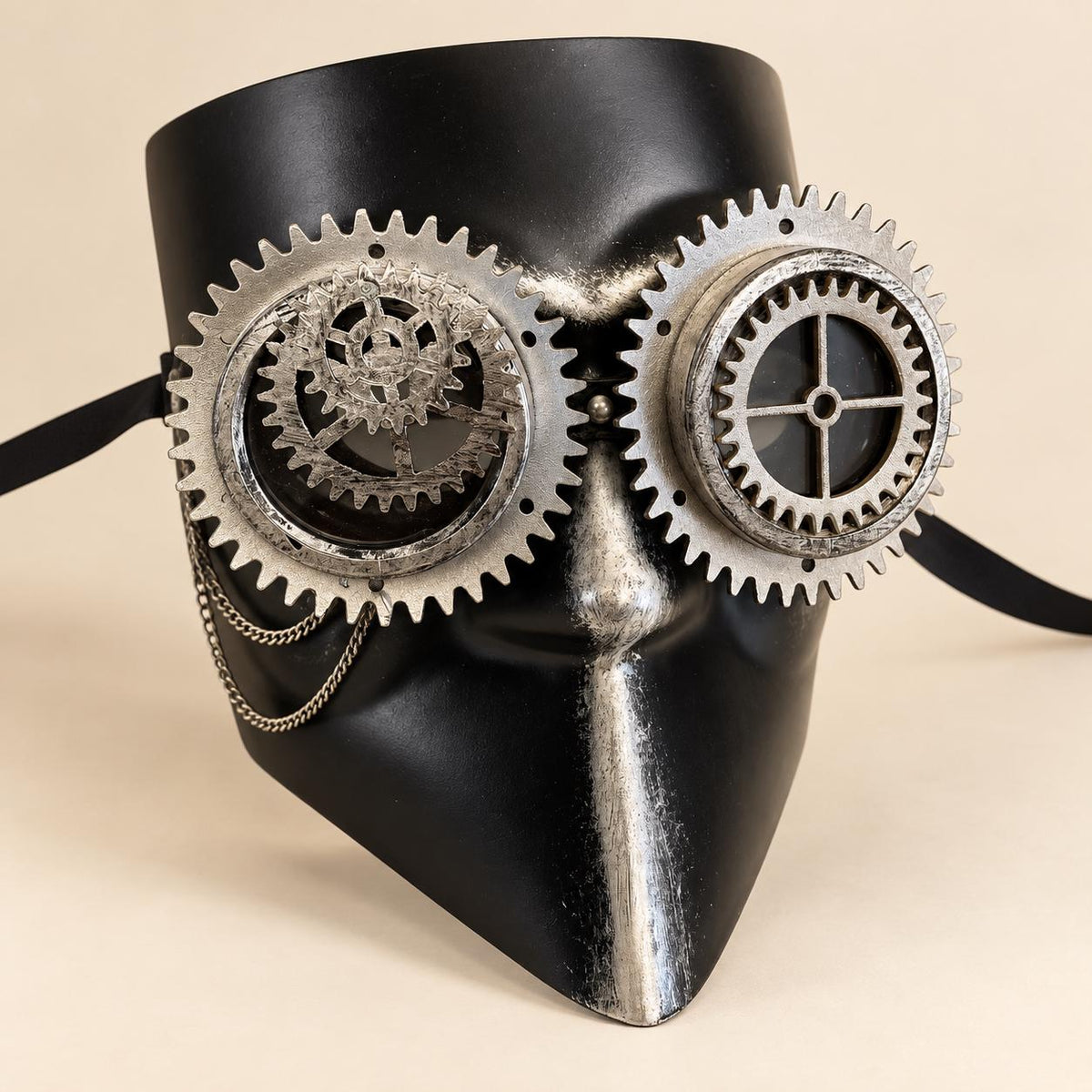 Silver and Black Steampunk Full Face Mask with Gear Goggles and Chain Detail - product photo