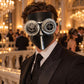 Silver and Black Steampunk Full Face Mask with Gear Goggles and Chain Detail - product photo