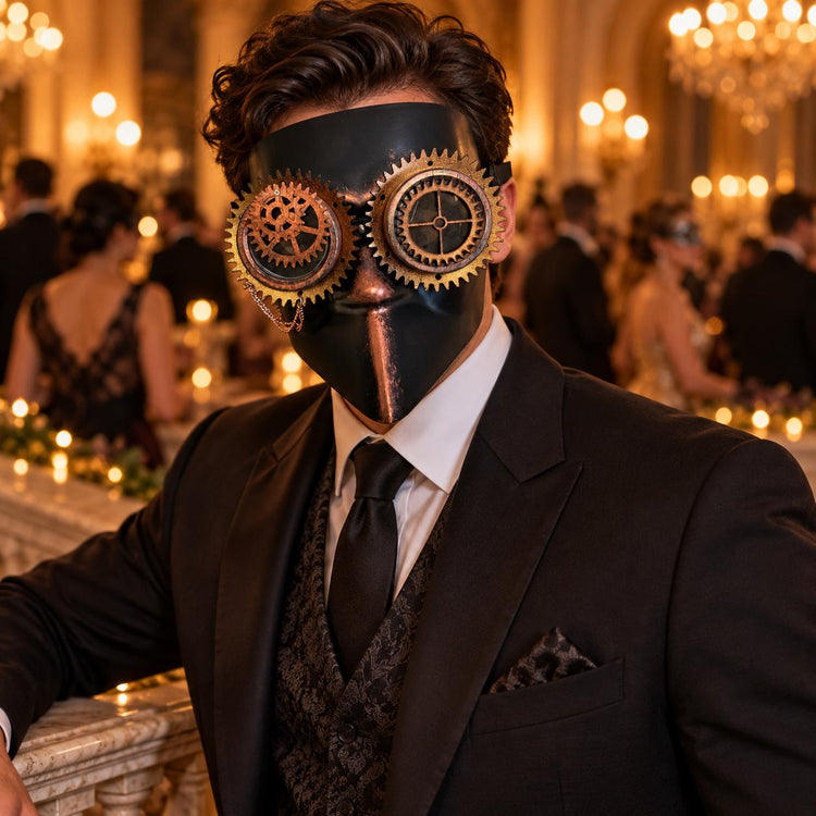 Copper Bronze and Black Steampunk Full Face Mask with Gear Goggles and Chain Detail - product photo