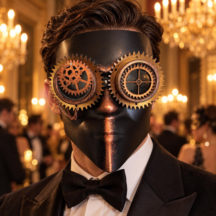 Copper Bronze and Black Steampunk Full Face Mask with Gear Goggles and Chain Detail - product photo