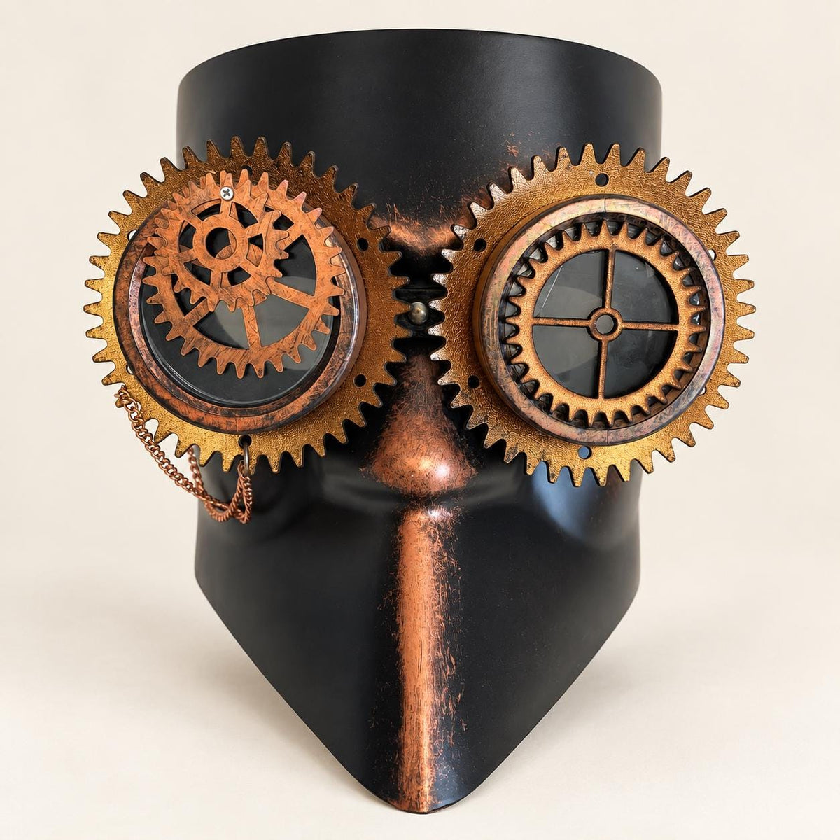 Copper Bronze and Black Steampunk Full Face Mask with Gear Goggles and Chain Detail - product photo
